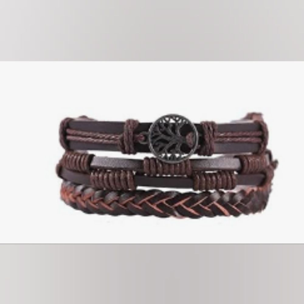 Men's leather‎ bracelets set layered braided brown Tree of life new e34